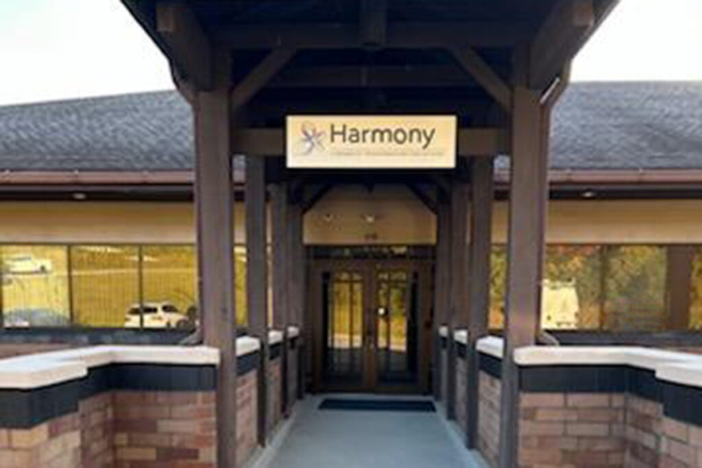 the front entrance facade of the harmony building and offices