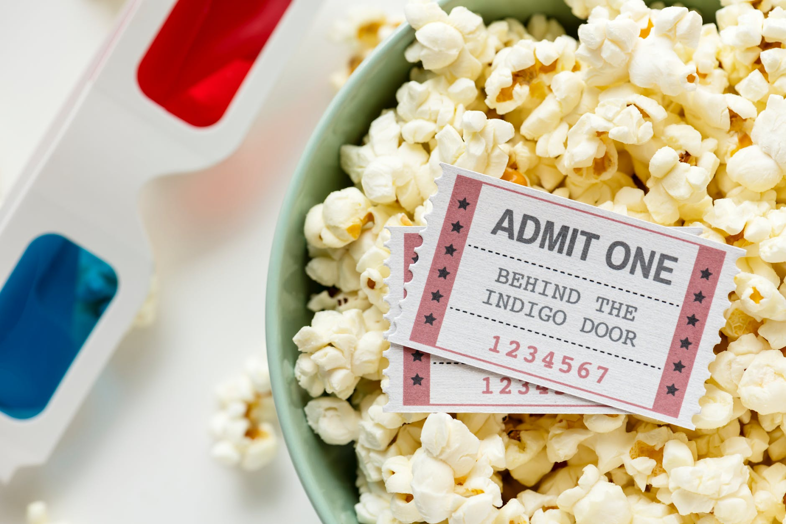 popcorn, 3-D glasses, and movie tickets
