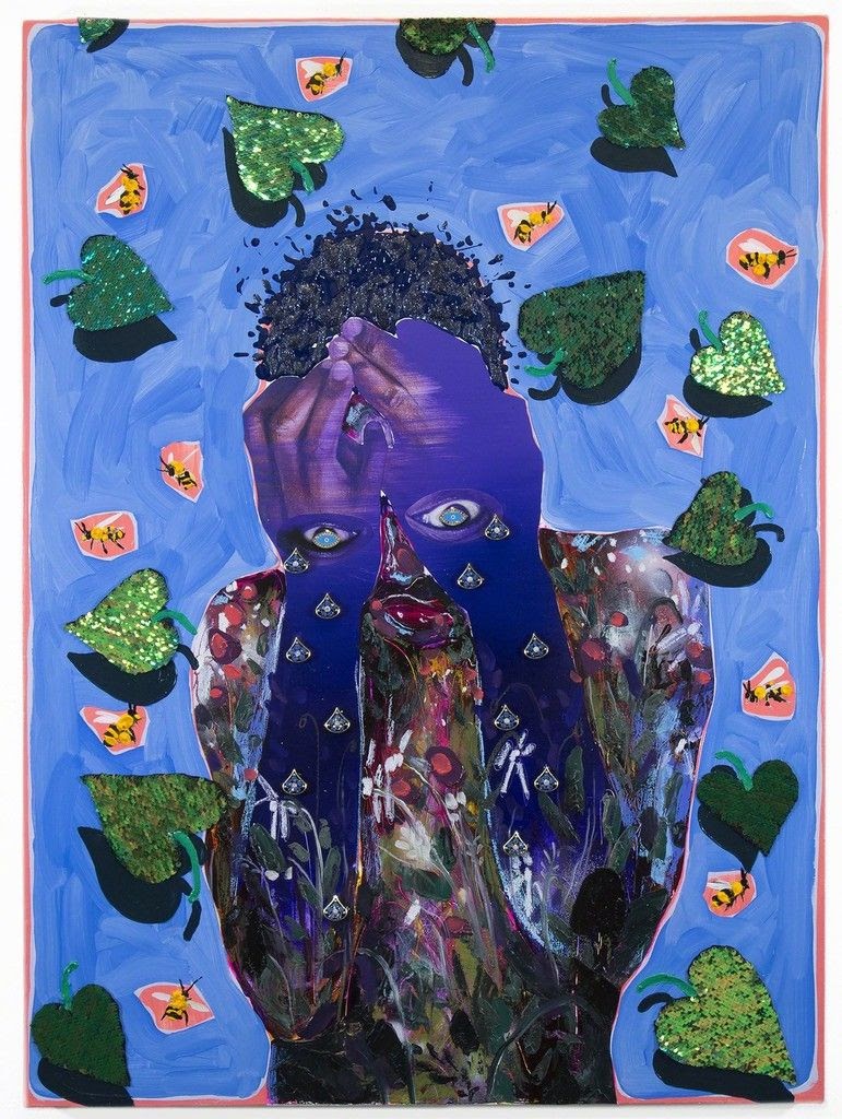 Man with hands over his face and eyes on his hands crying. The background is painted blue with clover leaves and bees.