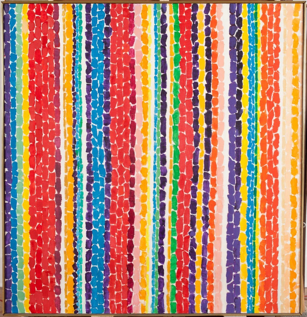 Alma Thomas' work shows a rainbow of vertical strips with a mosaic-like rectangle pattern.