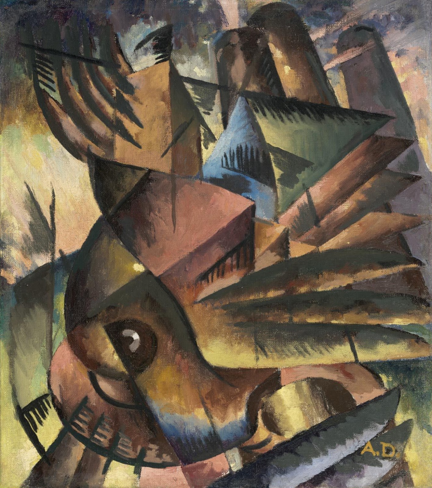 A cubist depiction of birds in flight with purples, yellows, greens, and maroons.