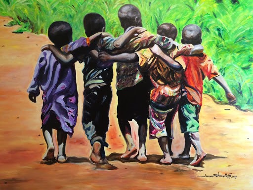 Boys walking by holding each other's shoulders.