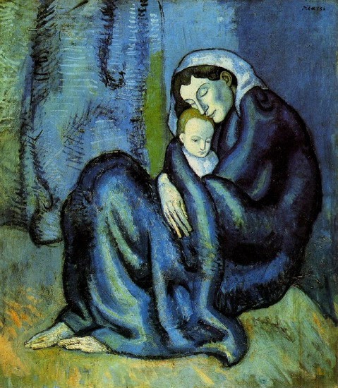 Woman coddling a child. The brushtrokes in a blue green color show Picasso's blue period.