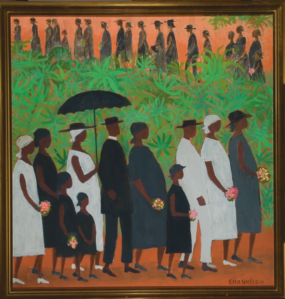Ellis Wilson's painting that depicts lush greenery as the bisector of two lines of people. The bottom line looks like people dressed in black and white  and the top looks like a funeral procession in black.
