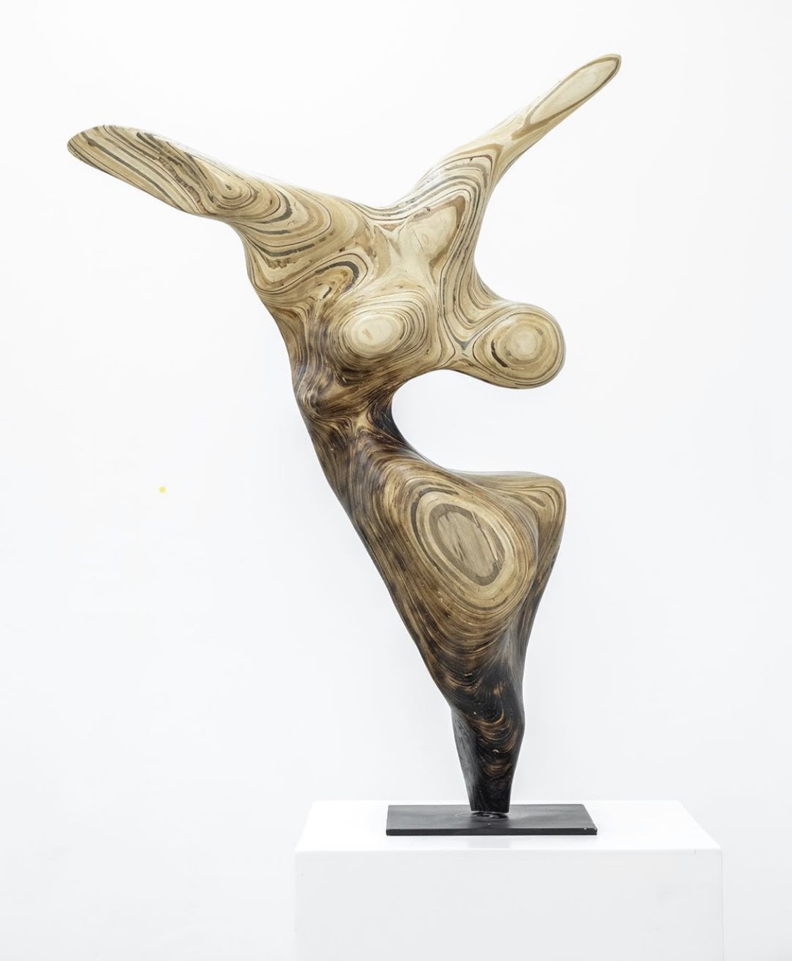Sculpture made from wood that has two appendages out from it that look like arms and its form encapsulates the artists' intention and namesake--freedom.