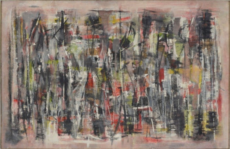 This abstract image of line and white, tan, black, and red color palate evokes the complex feelings within the psyche.