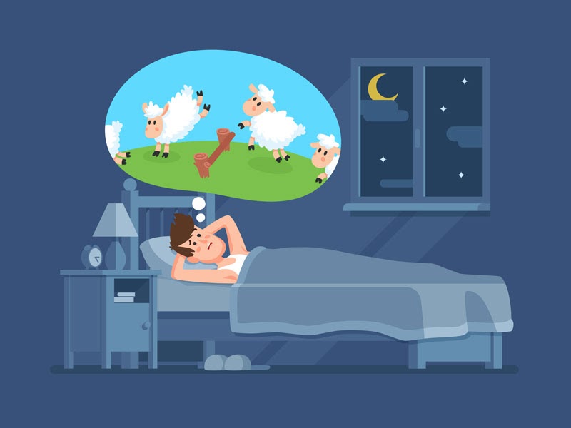 A cartoon depiction of a man wishing he could count sheep in the middle of the night. 