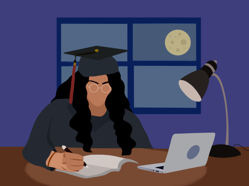 Animation of a college graduate working hard. 