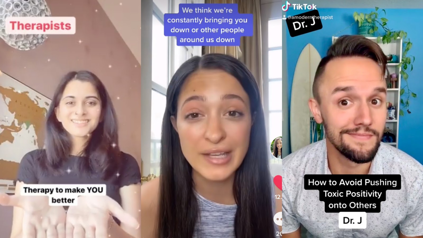 A side by side of three different TikTok videos where therapists are giving the app's users advice.