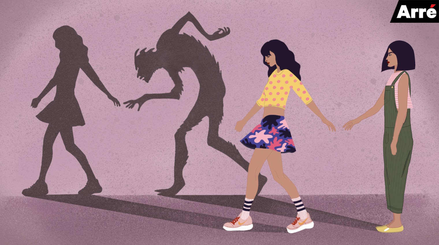 A graphic showing what appears to be two friends walking side by side. Their shadows show that one friend is actually a monster.
