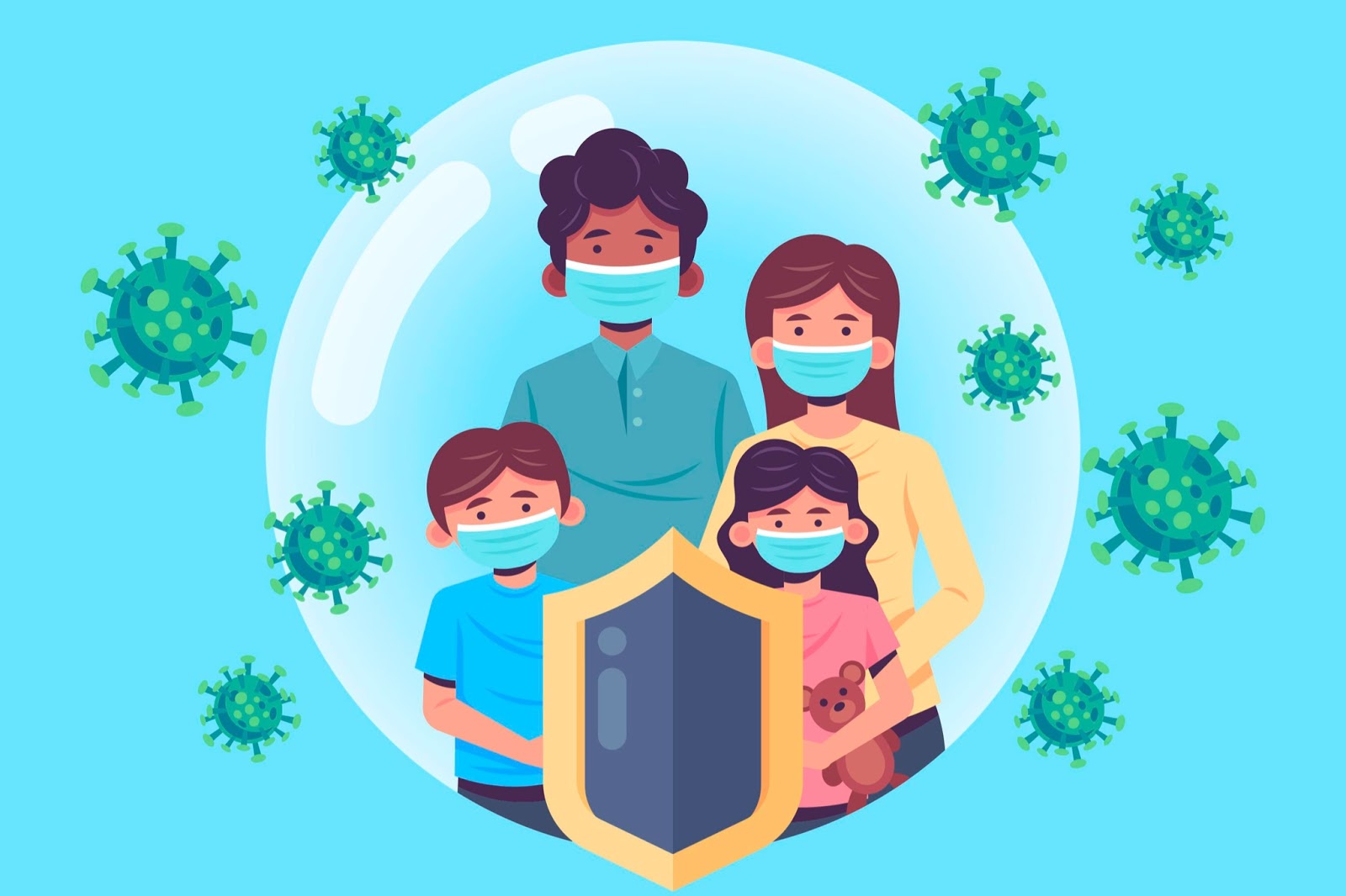 A masked family protected from the virus.