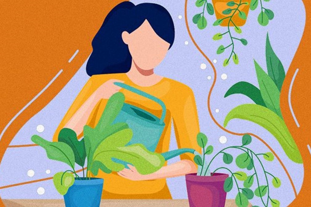 Art of Woman Watering Her Plants